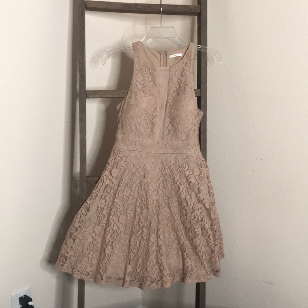 Macy’s tan lace dress with mesh insert